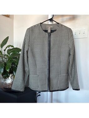 Valerie Stevens Wool Leather trim Crew Blazer Jacket Sz 10 Houndstooth Black